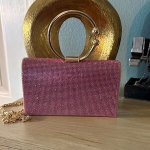 Pink Rhinestone Evening Clutch with Gold Ring Handle